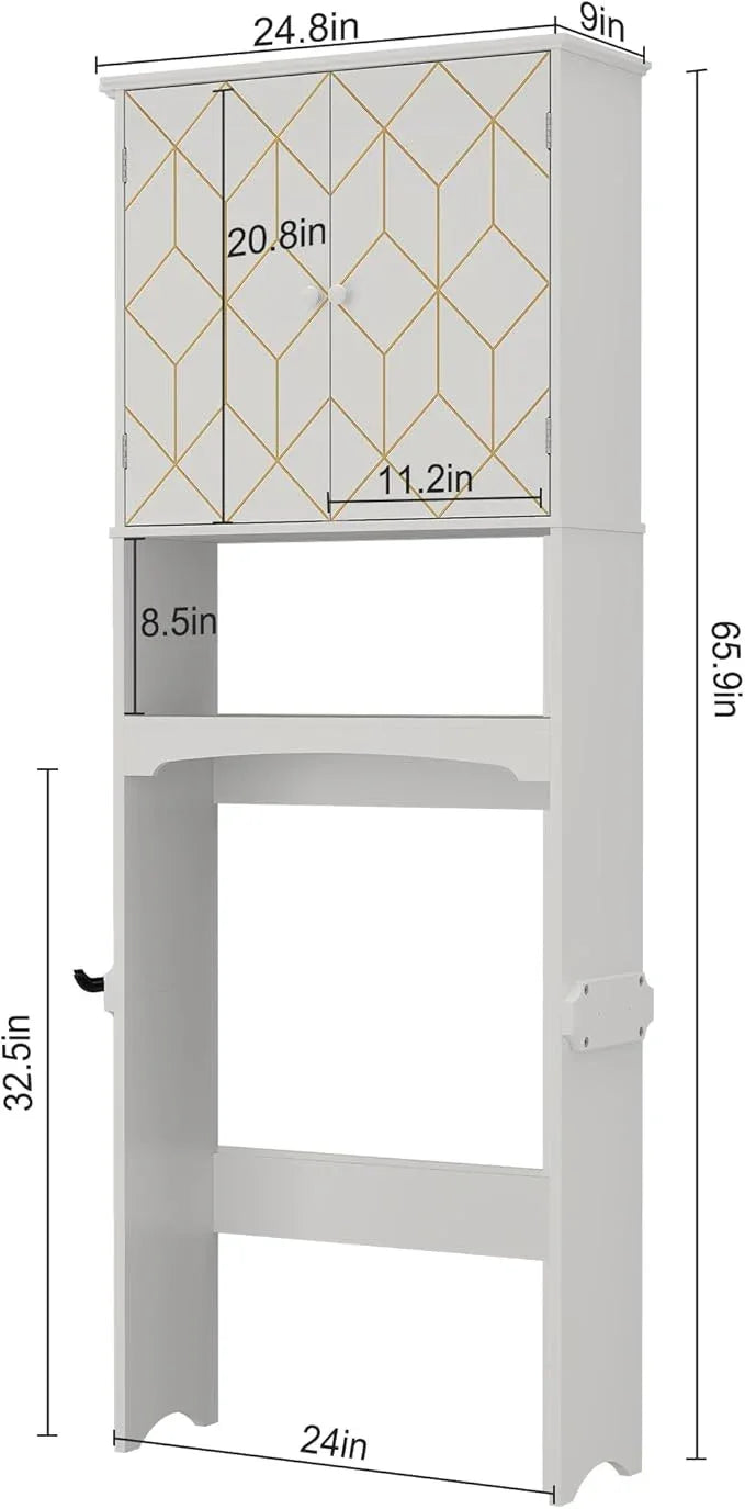Over The Toilet Storage Cabinet with Gold Trim, Modern Bathroom Organizer Over Toilet with Adjustable Shelves and Toilet Paper Holder for Bathroom (White) - ModernBath