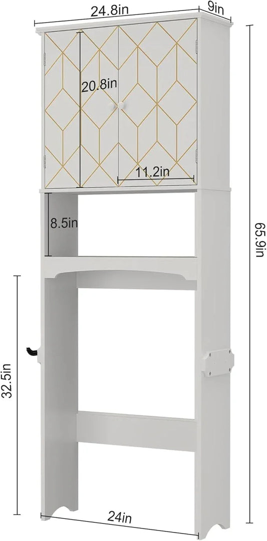 Over The Toilet Storage Cabinet with Gold Trim, Modern Bathroom Organizer Over Toilet with Adjustable Shelves and Toilet Paper Holder for Bathroom (White) - ModernBath