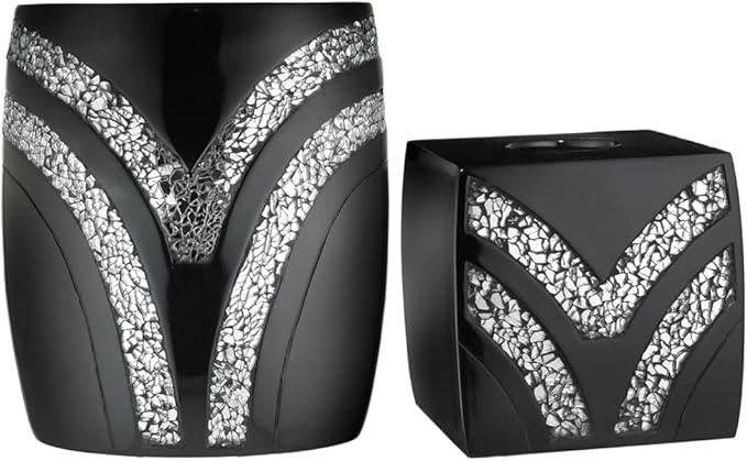 Zahari Home 2pc Sinatra Black Modern Bath Accessories Set Waste Basket & Tissue Box Modern Decorative Beautiful Designs Bathroom Decor Set for Home Luxury Bath Set Mosaic Glass - ModernBath