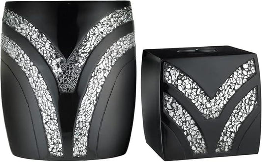 Zahari Home 2pc Sinatra Black Modern Bath Accessories Set Waste Basket & Tissue Box Modern Decorative Beautiful Designs Bathroom Decor Set for Home Luxury Bath Set Mosaic Glass - ModernBath