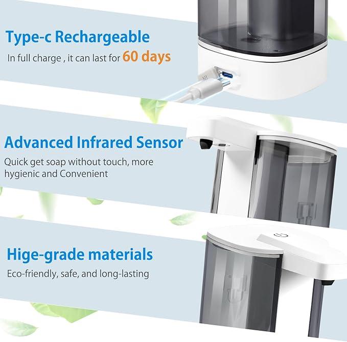 Uarnicey Automatic Liquid Soap Dispenser, Rechargeable,Touchless,17oz/500ml with 4 Adjustable Soap Levels, Wall Mount & Waterproof, Liquid Hand/Dish Soap Dispenser for Bathroom Kitchen - ModernBath
