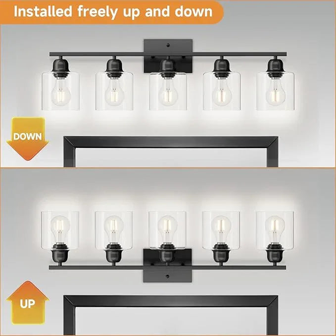 FAISHILAN Modern 5 Light Bathroom Vanity Light, 31 inch Black Bathroom Lights Fixtures, Vanity Lights with Clear Glass for Mirror Kitchen Living Room Hallway Cabinet Porch - ModernBath