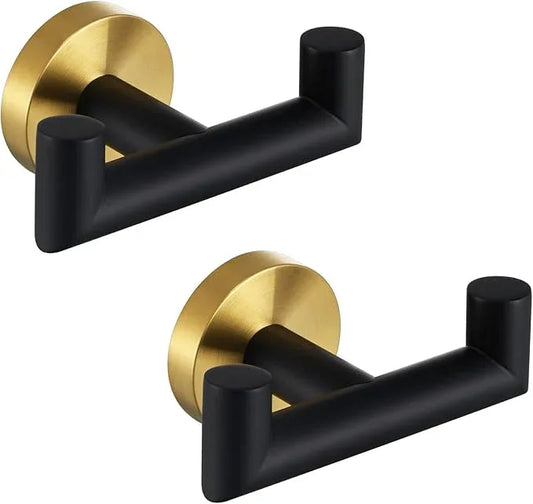 Angle Simple Towel Double Hook Black & Gold, 2 PCS Stainless Steel Bathroom Towel Holder, Dual Robe Coat Hook for Wall - ModernBath