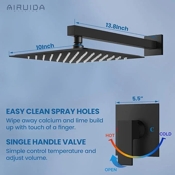 Airuida Shower Faucet Set Bathroom Rain Shower System SUS304 Stainless Steel Single Handle With Male Threads Rough-in Valve Shower Trim Kit 10 Inch Wall Mount Shower Head Matte Black - ModernBath