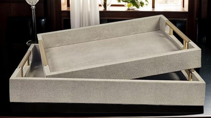 Set of 2 Wood Serving Tray with Gold Polished Metal Handles, Home Decorative Wooden Rectangle Ottoman Leather Decor Platter Bathroom Vanity Tray for All Occasions (Ivory) - ModernBath