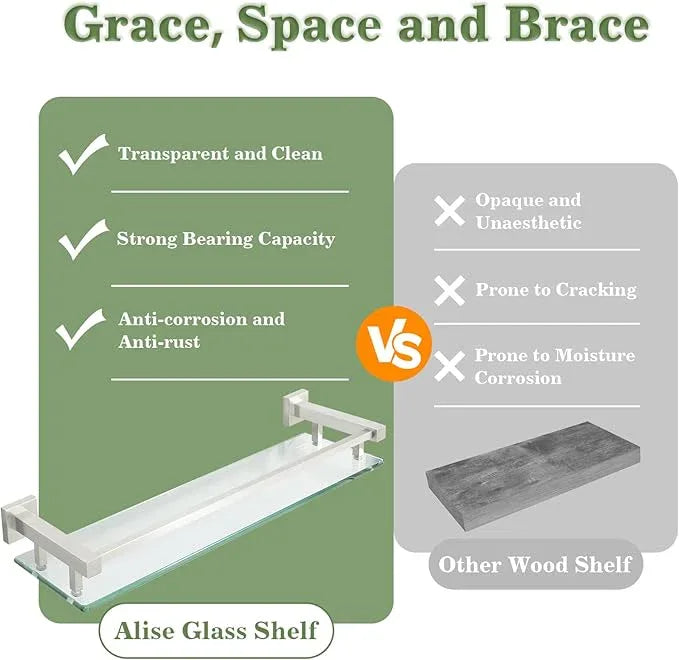Alise Bathroom Shelves,Brushed Nickel Glass Shelf for Bathroom, Modern Floating Shelves,20 inch - ModernBath