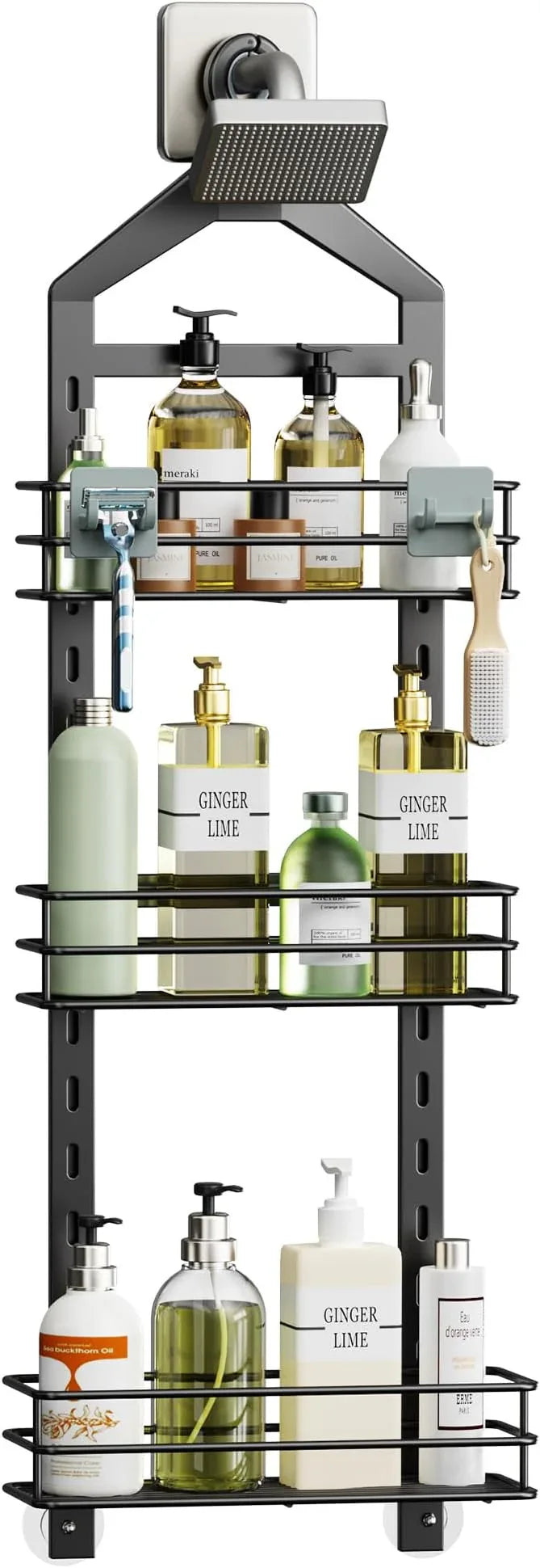 Orimade Adjustable Anti-slip Shower Caddy over Head, Rustproof Bathroom Hanging Organizer with 2 Hooks for Razor, No Drilling Shower Shelves Storage Rack 3 Tier, Black - ModernBath