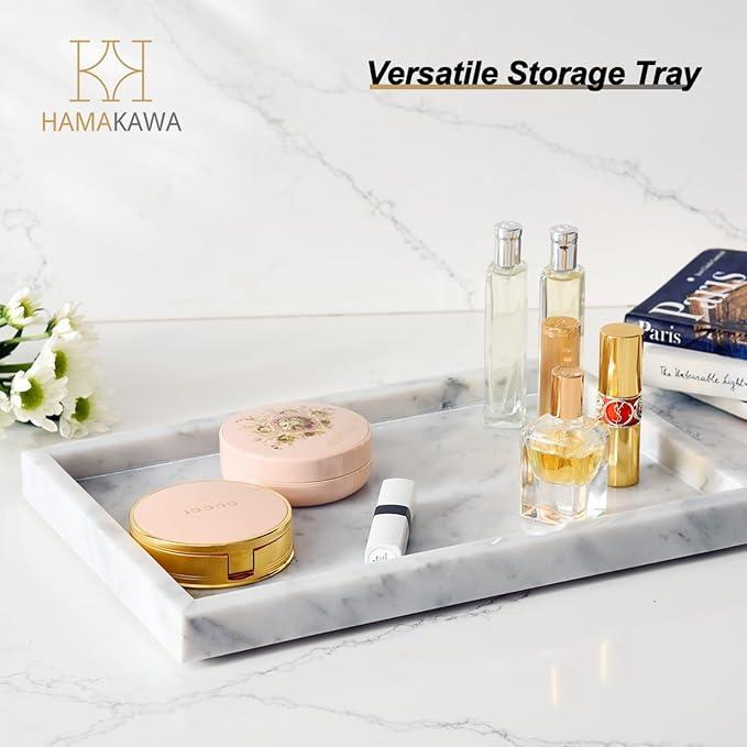 HAMAKAWA Large Bathroom Vanity Tray, Real Natural Marble Sink Tray 12 inch, Carrara White Stone Toilet Tank Trays, Modern Dresser Trays, Countertop Organizer for Kitchen Counter, Soap Dispenser - ModernBath