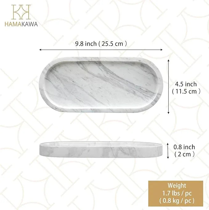 HAMAKAWA Oval Bathroom Vanity Tray, Large Natural Marble Sink Tray 10 inch, Volakas White Stone Soap Trays, Modern Perfume Trays, Countertop Organizer for Kitchen, Coffee Table, Home Decor - ModernBath
