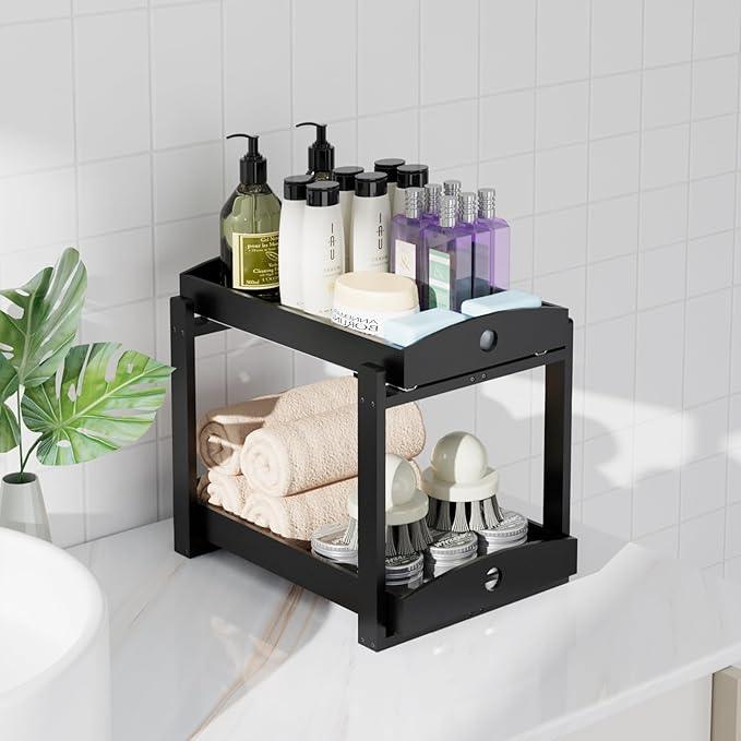 Bamboo Wood Under Sink Organizer 1 Pack, Pull Out Cabinet Organizer 2 Tier Under Sink Organizers and Storage with Sliding Drawer Sturdy Easy Assembly for Kitchen Bathroom Undersink (Black, 2 Packs) - ModernBath
