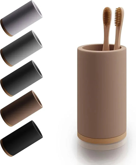 Matani Bamboo Toothbrush Holder Diatomite Tooth Brush Organizer - Storage Stand for Small Bathroom & Counter - Removable Base & Drain Holes, Water-Absorbent & Quick-Drying (Brown) - ModernBath