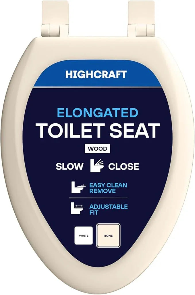 HIGHCRAFT Premium Elongated Toilet Seat with Slow-Close Design, Adjustable Hinges & Quick Removal Mechanism - Wood Toilet Seat - Fits Standard Elongated Toilets - Oval Toilet Seat in Bone/Beige - ModernBath