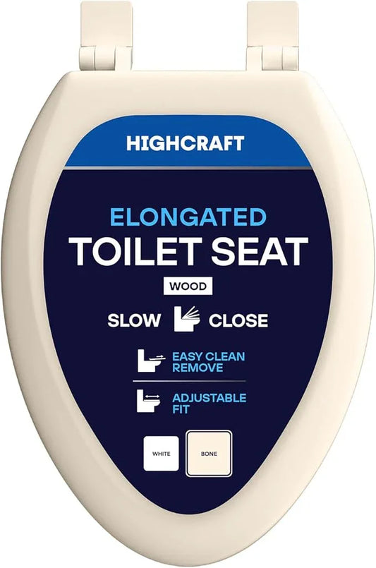 HIGHCRAFT Premium Elongated Toilet Seat with Slow-Close Design, Adjustable Hinges & Quick Removal Mechanism - Wood Toilet Seat - Fits Standard Elongated Toilets - Oval Toilet Seat in Bone/Beige - ModernBath