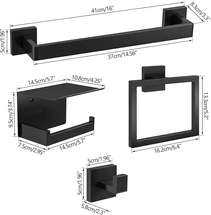 Matte Black Bathroom Accessories Hardware Set 5-Piece, Stainless Steel Towel Racks for Bathroom, 16 Inch Bath Towel Bar Set Wall Mounted - ModernBath
