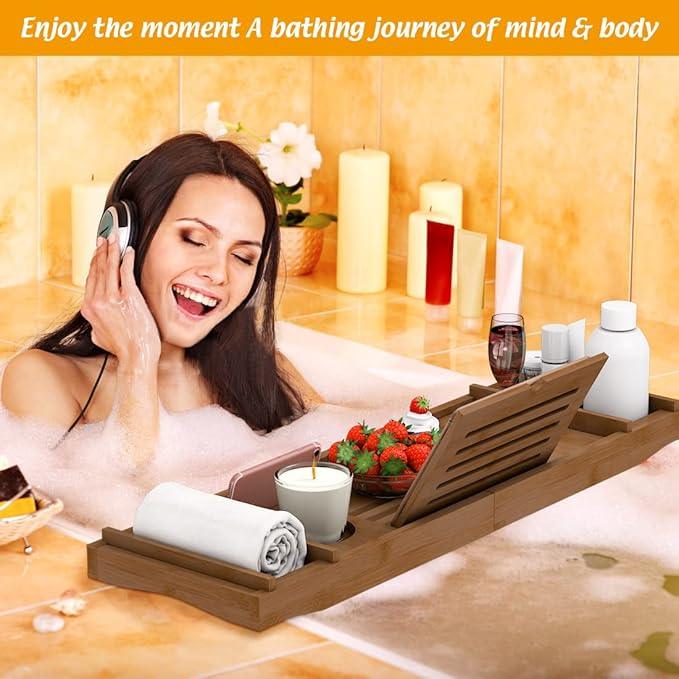 Bamboo Bathtub Tray for Luxury Bathroom, Expandable Premium Bath Tray with Soap Towel Book Holder, Luxury Spa Wooden Bath Table for Reading Laptop Over The Clawfoot Walnut - ModernBath