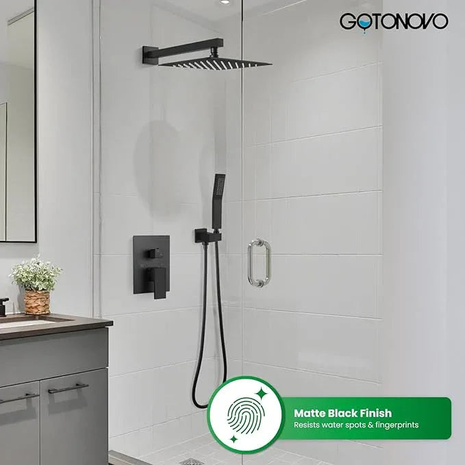 gotonovo Rainfall Bathroom Shower System Rain Shower Head and Handle Set Wall Mounted Shower Complete Combo Solid Brass Pressure Balancing Shower Mixer Valve 12 Inch Matte Black - ModernBath