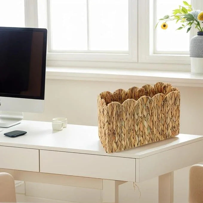Water Hyacinth Magazine Holder with Scalloped Edge – Toilet Paper Storage Basket Natural Woven Decorative Basket for Magazines, Newspapers, Mail, Living Room, Bathroom & Office - ModernBath