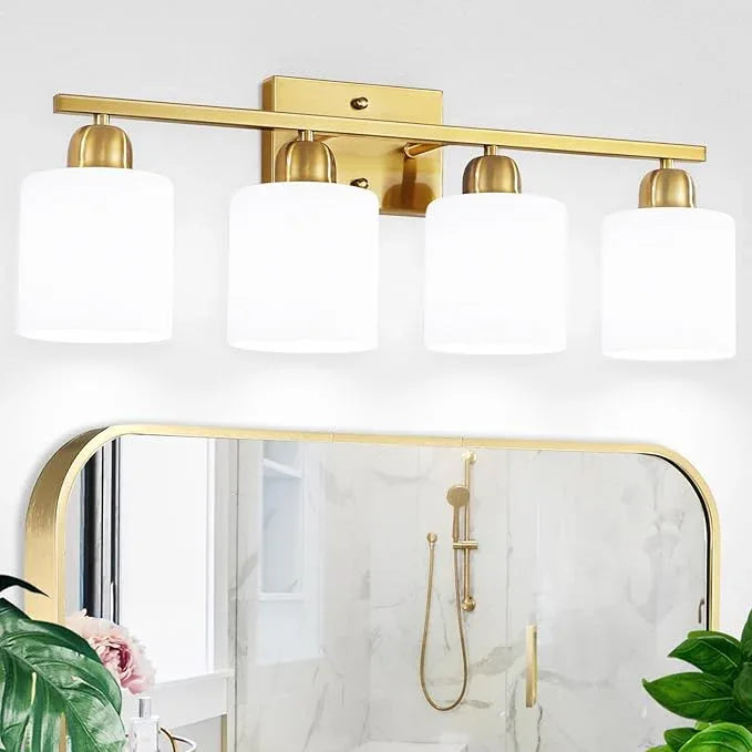 4 Light Gold Light Fixture Bathroom, Brushed Gold Vanity Light with Milky White Frosted Glass Shades, Lights for Bathroom Mirror for Living Room Bedroom Hallway E26 Base - ModernBath