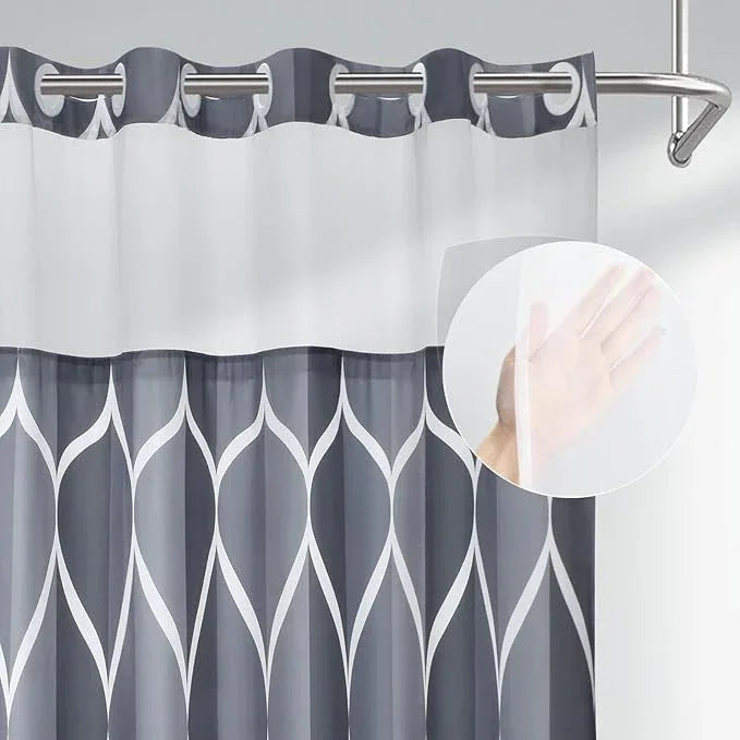Yiatn Grey Blue No Hook Shower Curtain with Snap in Liner - Hotel Style with See Through Mesh Top Window, Modern Geometric Waterdrop Design,Waterproof and Washable,- 71x74 INCH - ModernBath
