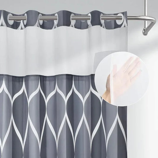 Yiatn Grey Blue No Hook Shower Curtain with Snap in Liner - Hotel Style with See Through Mesh Top Window, Modern Geometric Waterdrop Design,Waterproof and Washable,- 71x74 INCH - ModernBath
