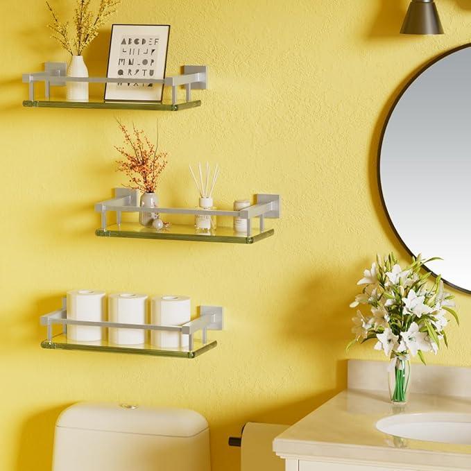 Alise Glass Shelves for Bathroom Wall, Tempered Glass Bathroom Shelf Wall Mounted, Modern Space Saving Floating Shelves 12 inch, Brushed Nickel - ModernBath