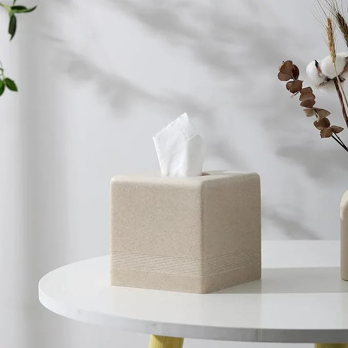Haocoott Tissue Box Cover Square, Resin Facial Tissue Holder Covers Cube Toilet Paper Holder Case Dispenser Home Decorative for Bathroom Kitchen Bedroom Living Room Office (Beige) - ModernBath