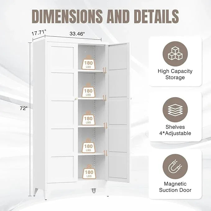 Yizosh Metal Storage Cabinet with 2 Doors and 4 Adjustable Shelves,- 72" White Kitchen Pantry Storage Cabinet for Kitchen,Living Room,Dining Room - ModernBath