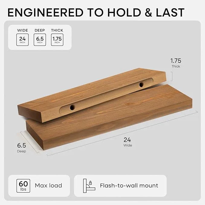 Homeforia 24 inch Golden Oak Floating Shelf, High End Solid Real Wood 24inch Small Floating Shelves for Wall Mounted, Oak Wooden 24in Floating Shelves, Heavy Duty Bracket, 24 X 6.5 X 1.75 in, Set of 3 - ModernBath