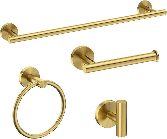 USHOWER Brushed Gold Bathroom Accessories Set, 24-Inch Towel Bar Set Wall Mounted, Durable SUS304 Stainless Steel Bathroom Hardware Set, 4-Piece - ModernBath