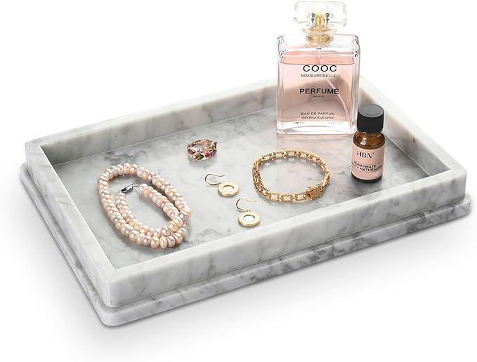 HAMAKAWA Large Natural Marble Bathroom Vanity Tray 12 inch, Carrara White Stone Jewelry Tray, Rectangle Sink Trays, Modern Tank Trays, Countertop Organizer for Soap Dispenser, Kitchen, Home Decor - ModernBath