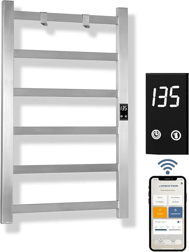Smart Wireless Electric Towel Warmer | Blade Thin 6 Bar Design | Hardwired & Plug-in | Alexa & Google Home Compatible | Brushed Finish - ModernBath