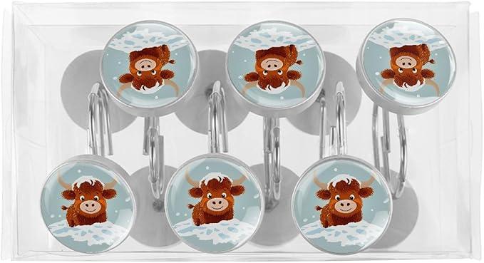 Cartoon Snow Highland Calf Shower Curtain Hooks Rings, Stainless Steel Rust Proof Shower Curtain Hooks, Decorative Shower Hooks for Bathroom Shower Rods Curtains, Set of 12 - ModernBath
