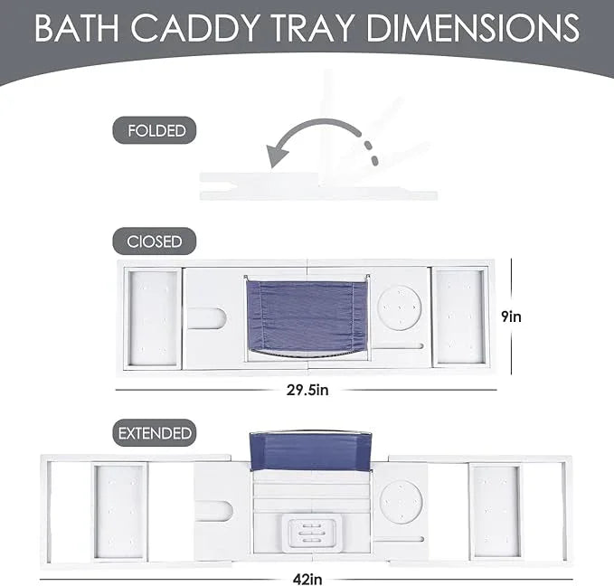 Foldable Bathtub Caddy Tray, Bamboo Bath Tub Tray Table for Tub with Wine Glass Holder Book Phone Tablet Holder with Extending Sides, Adjustable Bathroom Bathtub Free Soap Holder Gift Idea (White) - ModernBath