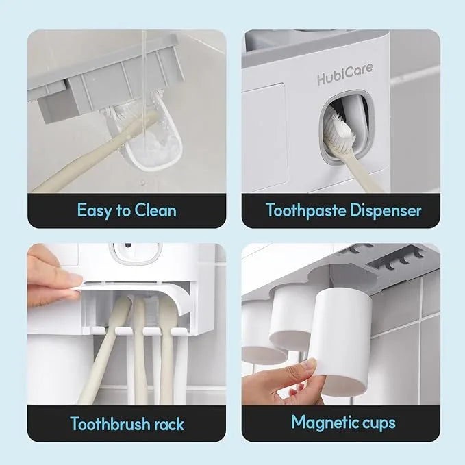 HubiCare Toothbrush Holder with Toothpaste Dispenser Wall Mounted for Bathroom, Automatic Toothpaste Squeezer, Bathroom Organization and Storage, 5 Toothbrush Slots (3 Cups) - ModernBath