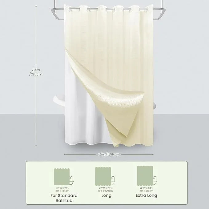 Inhousolu No Hook Waffle Weave Shower Curtain with Removable Snap in Fabric Liner Set for Bathroom, 230 GSM Heavy Duty Weighted Hem, Water Repellent Washable Bath Curtains, 72 x 84 Inch, Ivory - ModernBath