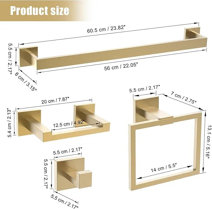 TQKAG Brushed Gold Bathroom Hardware Accessories Set 5 Pieces, Double Post Pivoting Toilet Paper Holder Set Stainless Steel Square Bathroom Towel Bar Holder Set Wall Mounted - ModernBath