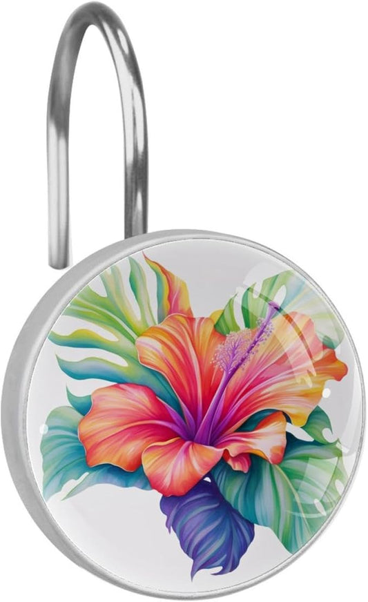 FVQL Shower Curtain Hooks Decorative, Flower Hibiscus and Leaf, Set of 12
