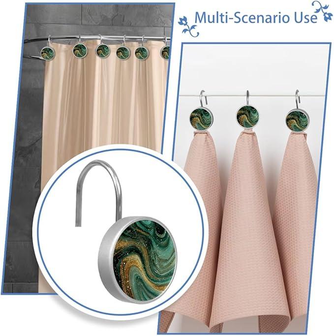 Green Marble Shower Curtain Hooks, 12Pcs Decorative Rust Resistant Shower Rings for Shower Curtain Rods, Stainless Steel Round Curtain Hooks for Bathroom, Bedroom, Farmhouse - ModernBath