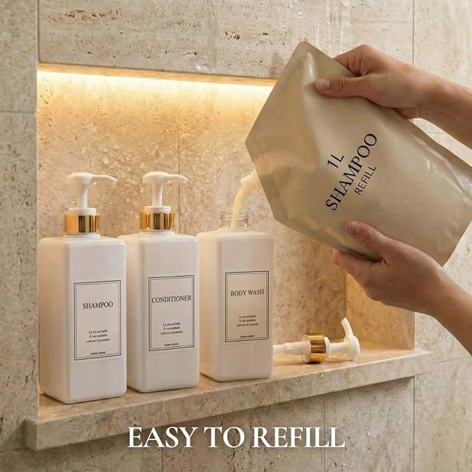 Modern Gold Design Shampoo and Conditioner Dispenser, Large 27oz Shower Soap Dispenser, Set of 3 Refillable Empty Plastic Pump Bottles for Bathroom and Body Wash (6 Waterproof Labels Included), White - ModernBath