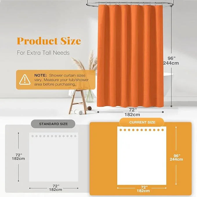 BTTN Extra Long Shower Curtain - 72x96 Inch Long Linen Textured Heavy Duty Fabric Shower Curtain Set with 12 Plastic Hooks, Tall Decorative Neutral Waterproof Shower Curtains for Bathroom, Orange - ModernBath