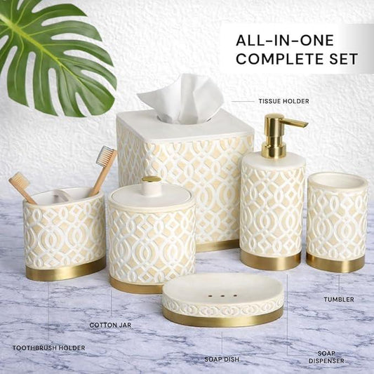 6-Piece Bathroom Accessories Set – Soap Dispenser, Toothbrush Holder, Tumbler, Soap Dish, Cotton Swab Jar & Toilet Brush – Modern Bathroom Decor Set (Solana) - ModernBath