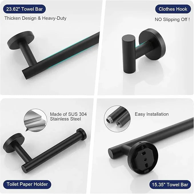5 Pieces Matte Black Bathroom Hardware Set, 23.6-inch+15.35-inch Bathroom Towel bar SUS304 Stainless Steel Bathroom Towel Bar Set - ModernBath