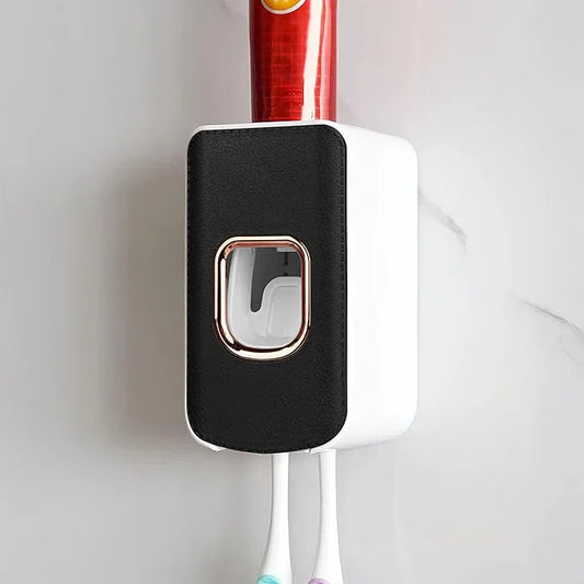 2 Slot Plastic Toothbrush Holder and Toothpaste Dispenser Wall Mounted, Automatic Toothpaste Squeezer, 2 in 1 Tooth Brush Toothpaste Organizer for Shower (Black) - ModernBath