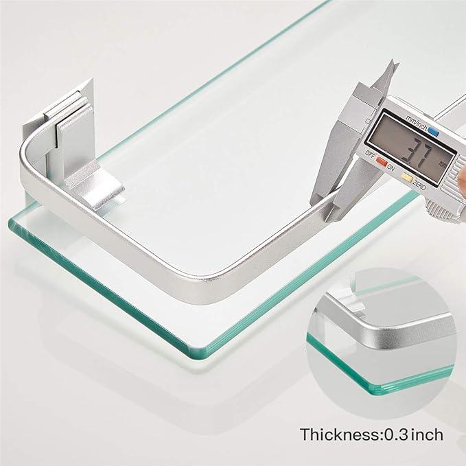 VOLPONE Glass Shelf with Towel Bar 15.7in Silver Bathroom Shelf Wall Mount Rustproof Bathroom Wall Organizer 1 Tier (Silver) - ModernBath