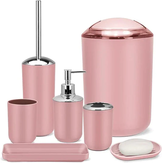 7 Piece Pink Bathroom Set,Soap Dispenser,Toilet Brush,Trash Can & Décor Tray,Complete Accessories for Bathroom Organization & Housewarming Gifts - ModernBath