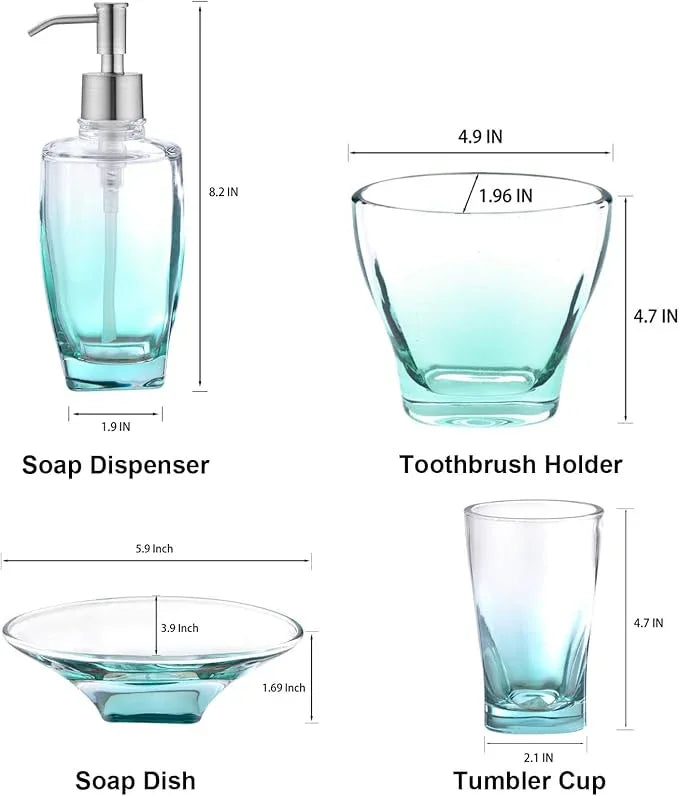 Jincrop Teal Glass Bathroom Accessories Set 5 Pieces – Green Bathroom Set with Soap Dispenser, Toothbrush Holder, 2 Tumbler Cups, Soap Dish - ModernBath