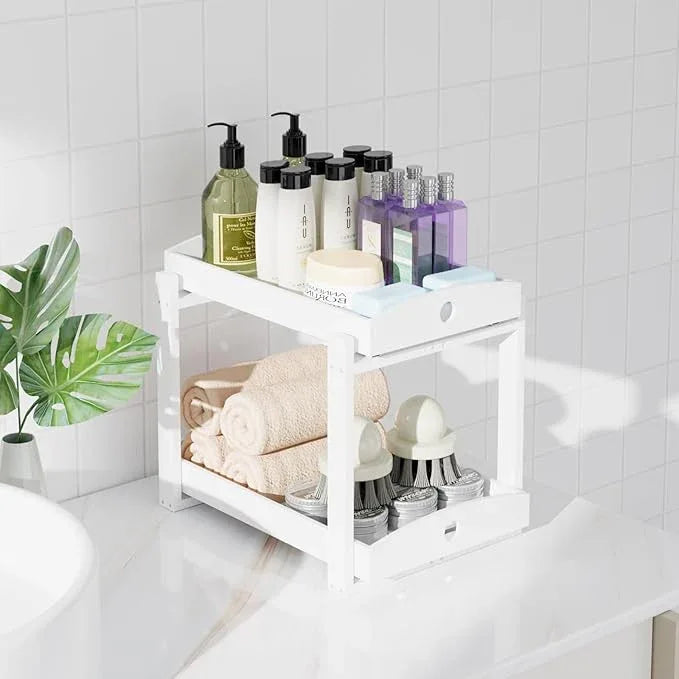 Bamboo Wood Under Sink Organizer 1 Pack, Pull Out Cabinet Organizer 2 Tier Under Sink Organizers and Storage with Sliding Drawer Sturdy Easy Assembly for Kitchen Bathroom Undersink (White, 2 Packs) - ModernBath