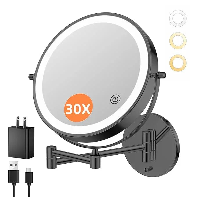 FUNTOUCH 9" 30X/1X Wall Mounted Lighted Makeup Mirror, 5000mAh Rechargeable Double Sided Magnifying Mirror with Adapter, 3 Color Lights,Touch Dimmable, 360 Rotation Extended Arm for Bathroom,Black - ModernBath