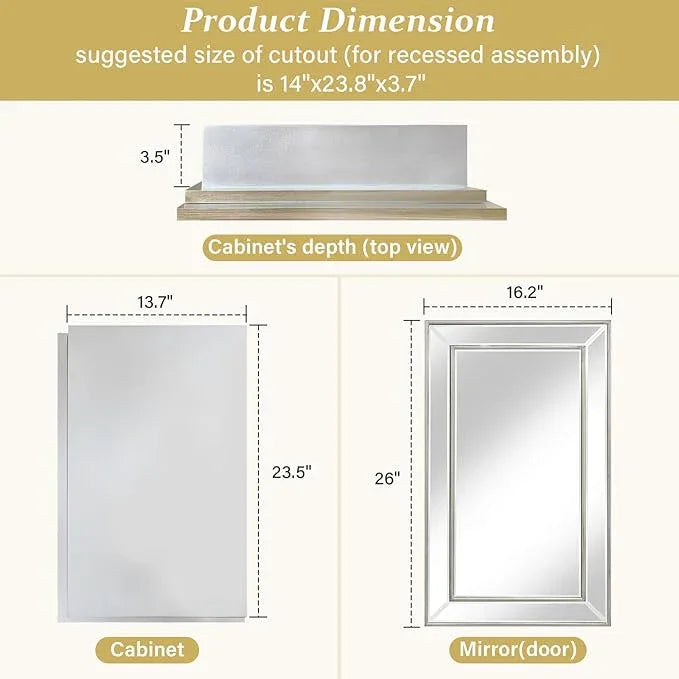 Medicine Cabinet with 16.2"x26" Mirror, Removable Shelves, Recessed or Wall Mounted Bathroom Cabinet, Silver Bathroom Vanity Mirrors for Over Sink with Storage - ModernBath