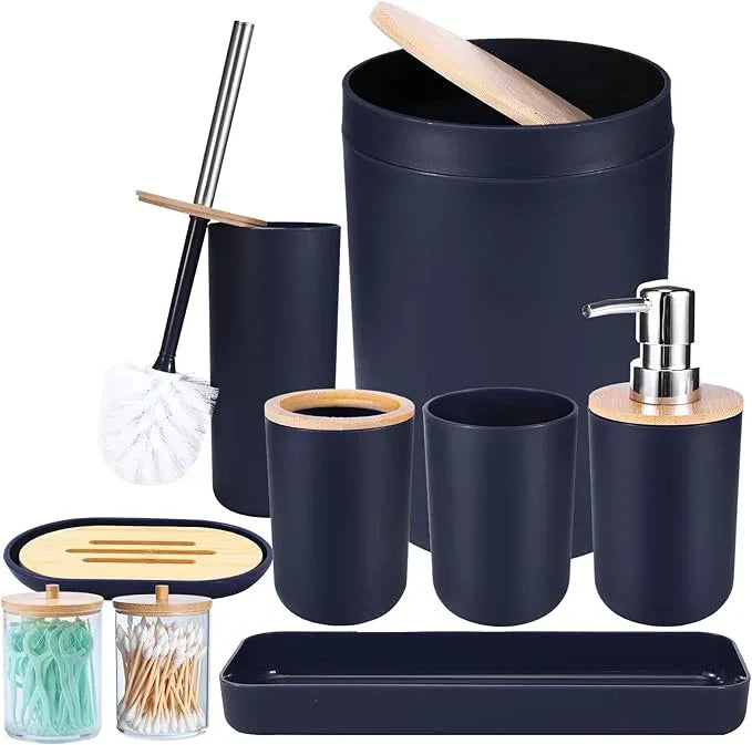 iMucci Bathroom Accessories Set Navy Blue Bathroom Decor Sets with Trash Can,Toilet Brush,Toothbrush Holder, Lotion Soap Dispenser, Soap Dish,Toothbrush Cup,Vanity Tray,Qtip Holder - ModernBath